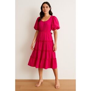 NWT Badgley Mischka x Mark & James Hibiscus Pink Tiered Bubble Sleeve Dress